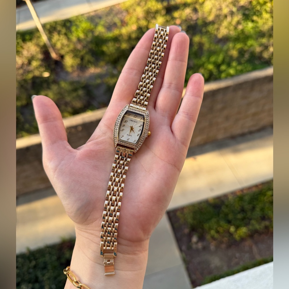 Luxury Gold Panther-Style Watch | Crystal Bezel Rectangular Face - Picture 5 of 7